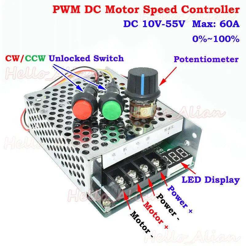 DC 10-55V 12V 24V 48V 60A hho PWM контроллер скорости двигателя постоянного тока CW CCW