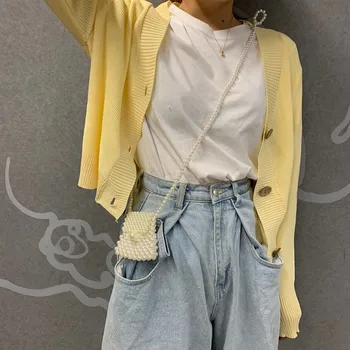 

Female Knit Cardigan Korean Solid Color Sweater Loose Female Knitted Fall 2019 Yellow Kardigan Jumpers