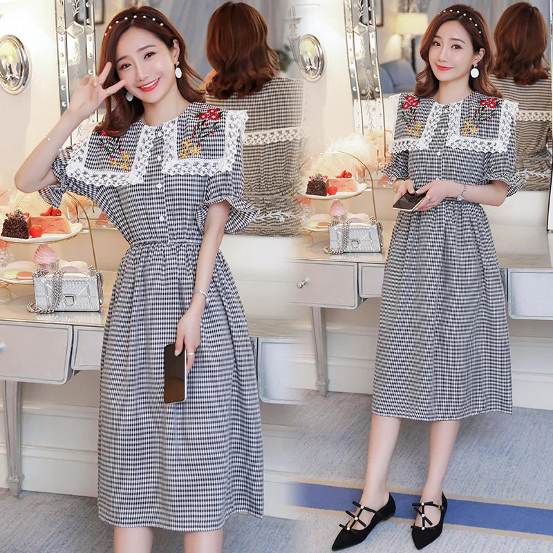 

Pregnant Women Summer Wear 2020 Large Size Maternity Clothes Peter Pan Collar Korean-style Embroided Dress Mid-length Maternity