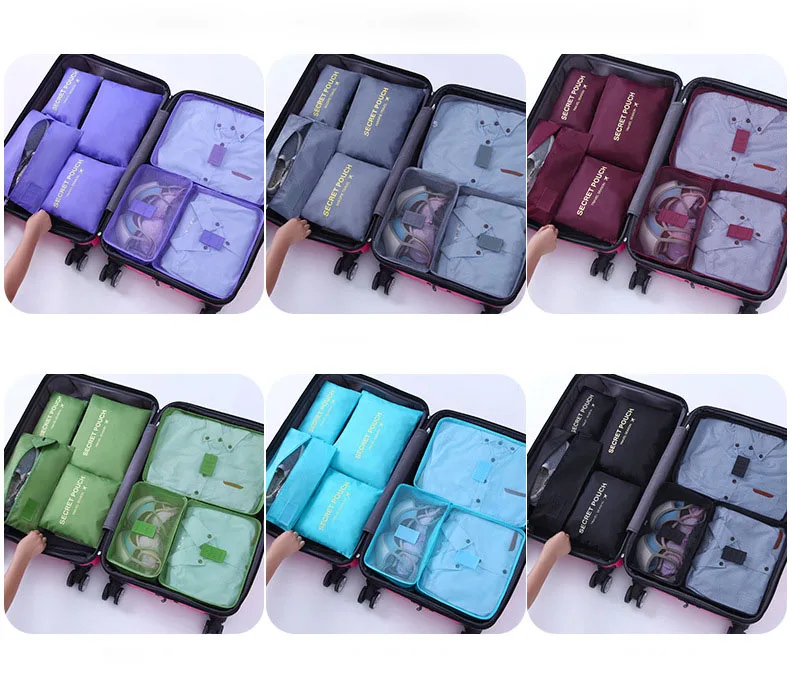 Hot Fashion Travel Waterproof Clothes Storage bags Luggage Pouch Packing Cube Solid Portable Organizer 7 pcs/set