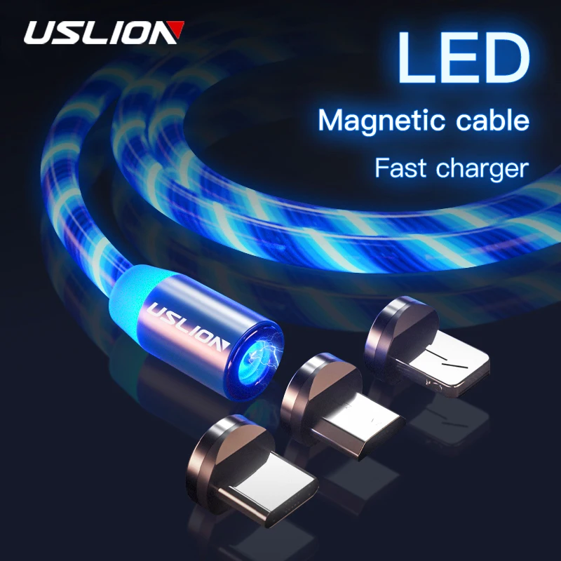 Магнитный зарядный кабель USLION Micro USB Type C для быстрой зарядки iPhone XS XR светодиодный