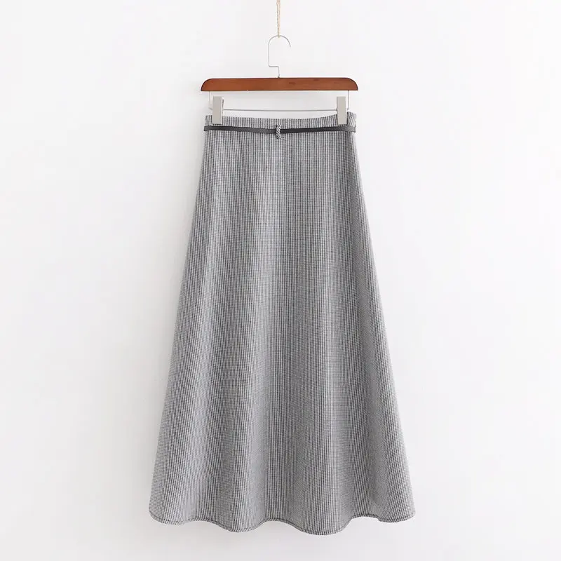 Women Skirt Vintage Stylish Lady Houndstooth Irregular Midi Skirt Women 2020 New Spring A Line With Belt Skirts Faldas Mujer