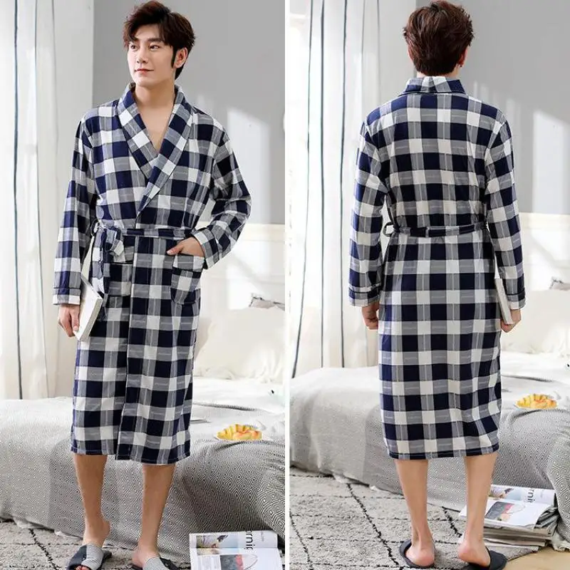 Осенний мужской хлопковый Халат кимоно купальный халат модный клетчатый длинный рукав ночная рубашка свободные платья плюс размер 3XL