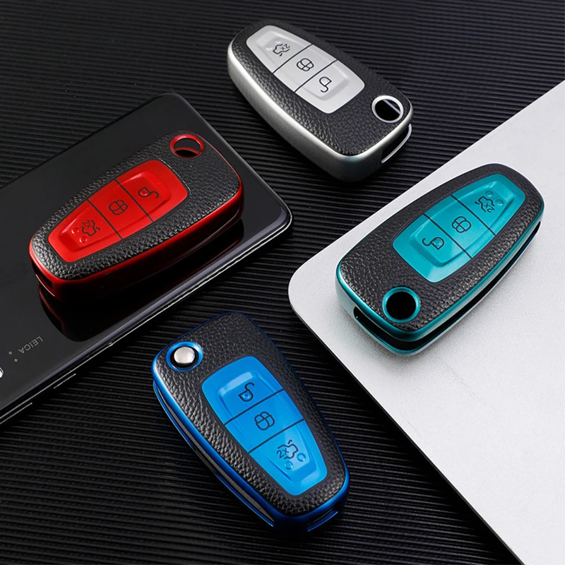 3 Buttons TPU + Leather Car Key Case Cover For Ford Ranger C-Max S-Max Focus Galaxy Mondeo Transit Tourneo
