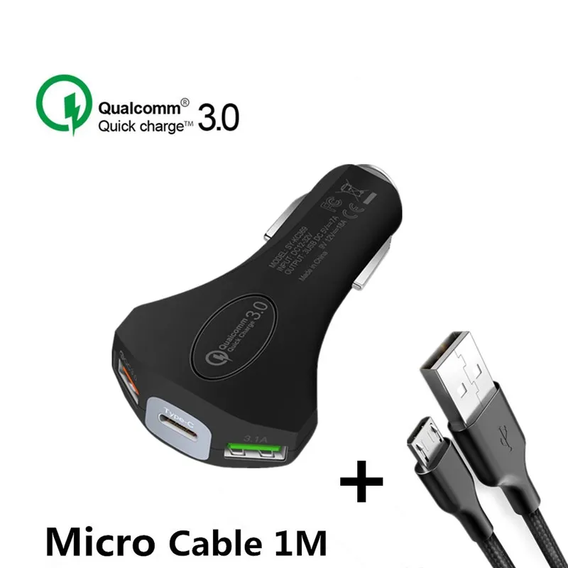 Black Micro Cable Быстрое Автомобильное зарядное устройство 3,0 5 В/3,1 А, двойной usb type C для IPhone, Xiaomi, samsung, автомобильное USB зарядное устройство, автомобильное зарядное устройство, зарядное устройство для мобильного телефона - Тип штекера: Black Micro Cable