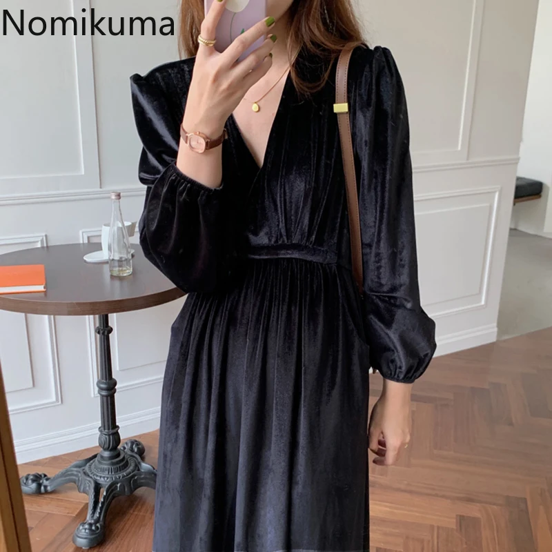 Nomikuma Elegant V Neck Dress Women Solid Color Slim Waist Long Sleeve Korean Chic Dresses Gold Velvet New Fashion Vestidos | Женская