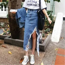 Весна-Осень, узор, высокая талия, деним, пэчворк, карманы, асимметричный, высокая уличная мода, AH005