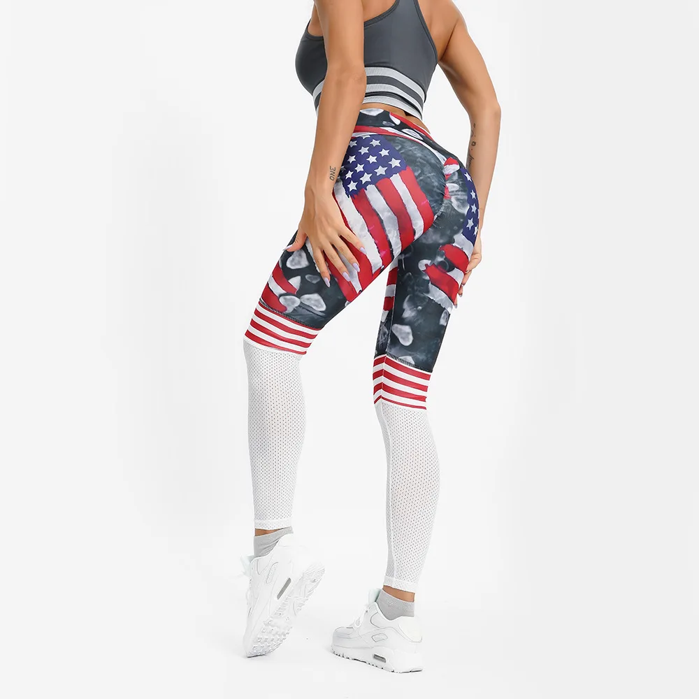

Mesh Leopard print yoga Sports pants High Waist US Flag gym Leggings Pantalones deportivos mujer Camo workout Athletic pants