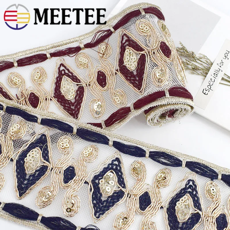 2Meter Ethnic Gold Thread Embroidered Lace Trims Sequins Webbing Ribbons Tape For Shoes Dress Decoration DIY Sewing Accessories|Кружево| |