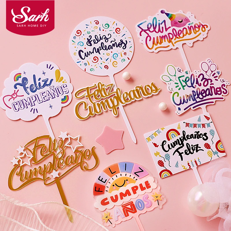 Feliz Cumpleanos Colore Decoration De Gateau Joyeux Anniversaire En Acrylique En Espagnol Pour Fete Fournitures De Patisserie Aliexpress
