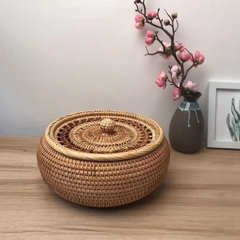 

Rattan Weave Food Container Storage Box Handmade Organizer Kitchen Breathable Cans with Lid