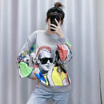 

Fashion Character Print Sweatshirt Women Loose O Neck Casual Pullover Female Long Sleeve Hoodies Ladies Sweatshirts Gray Top