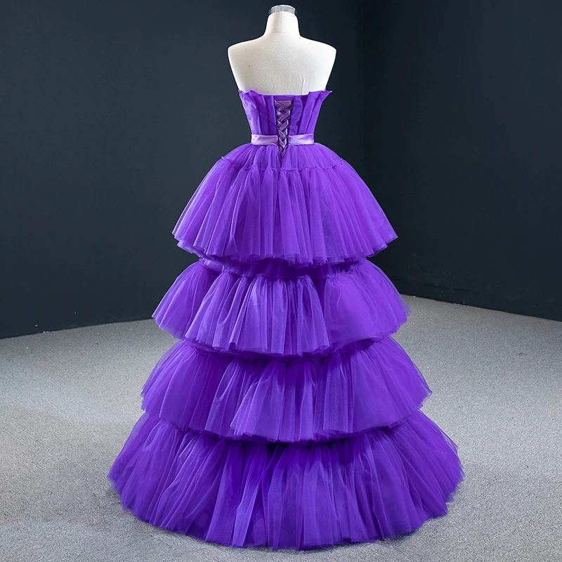 RSM67147 Purple Elegant Tight Strapless Banquet Prom Evening Dress 2021 Tiered Ruffled Belt Front Slit Party Fishtail Skirt 2