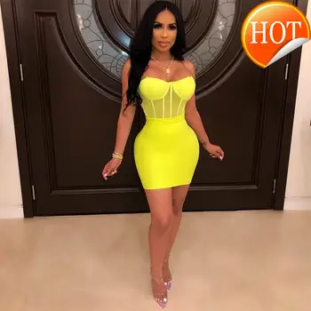 

Midi Vestido Bandagem 2020 New Women Lemon Yellow Fluted Bustier Mermaid Bandage Dress Bodycon Sexy Club Party Dresss