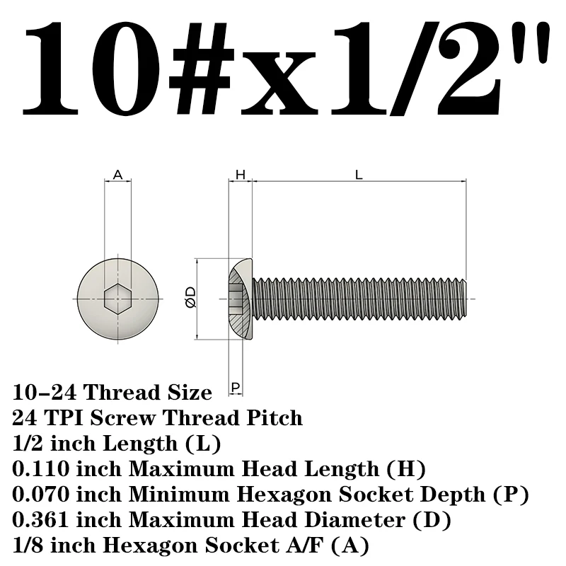10# Hexagon Socket Bolt Stainless Steel Button Screws Hexagon Bicycle Furniture Bolt - Цвет: 100Pcs