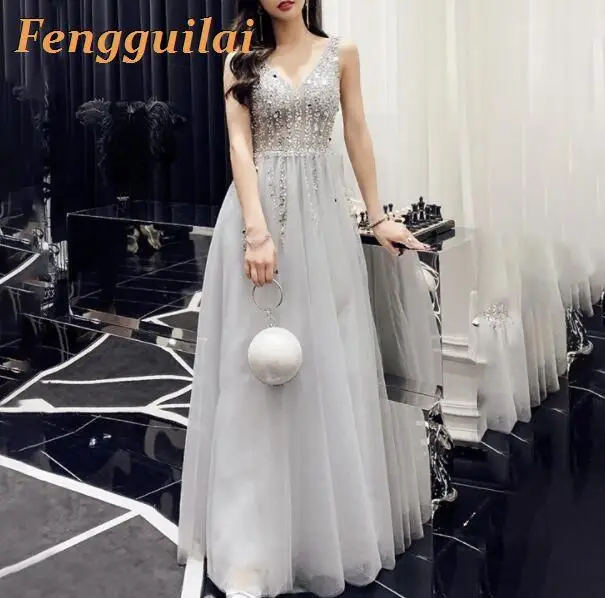 

FENGGUILAI 2020 New Autumn Offer Shoulder Women Lace Long Dress High Quality Silver Elegant Long Dress Embroidered Dress