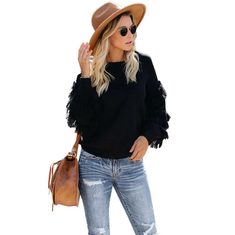 New autumn women 's tassel sleeve design sweater o-neck full sleeve pullovers high quality casual style female sweater SY268