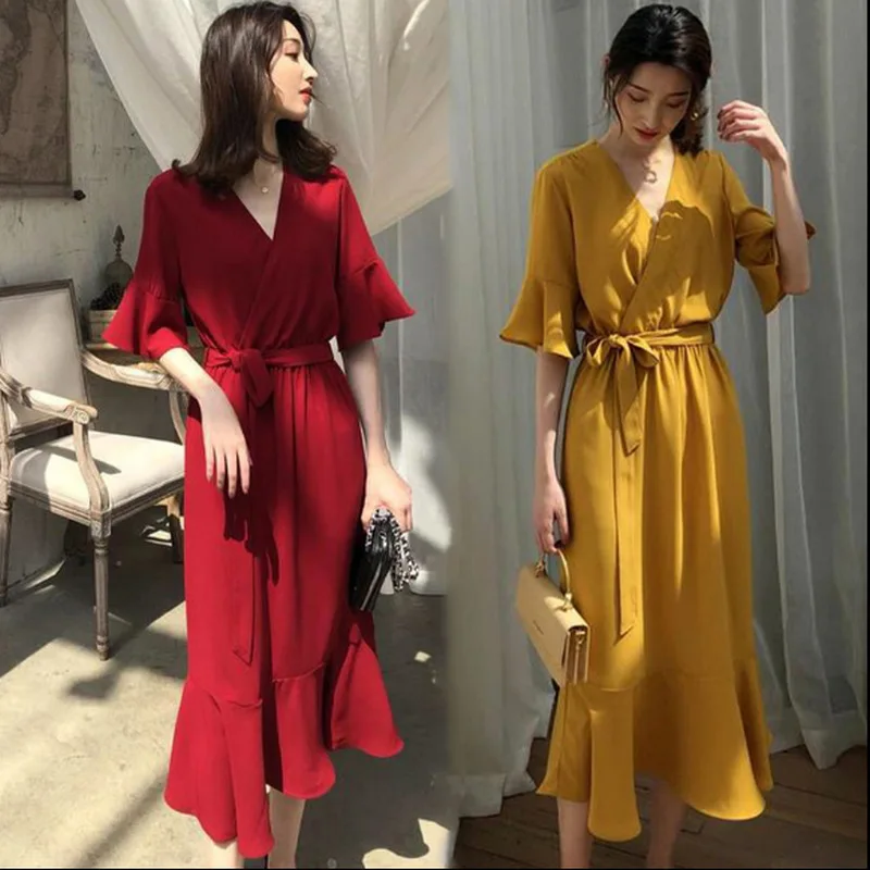 

2020 Spring And Summer Platycodon Grandiflorum Dress French V-neck Elegant Waist Hugging Long Skirts Women's Flounced Skirt