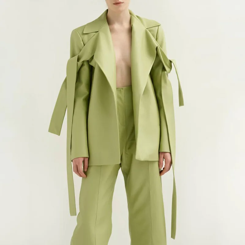 

2019 Autumn New Avocado Green Loose Design 2 Piece Suit Long Sleeved Jacket+ High Waist Straight Pants PU Suit Female Streetwear