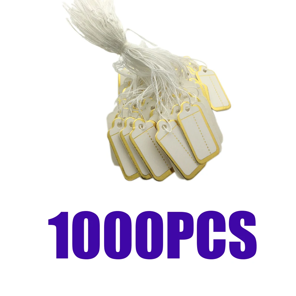 

1000 Packs Premium Price Tags Marking Labels Display Hang Tags Golden Edge with Strings, 25x15mm