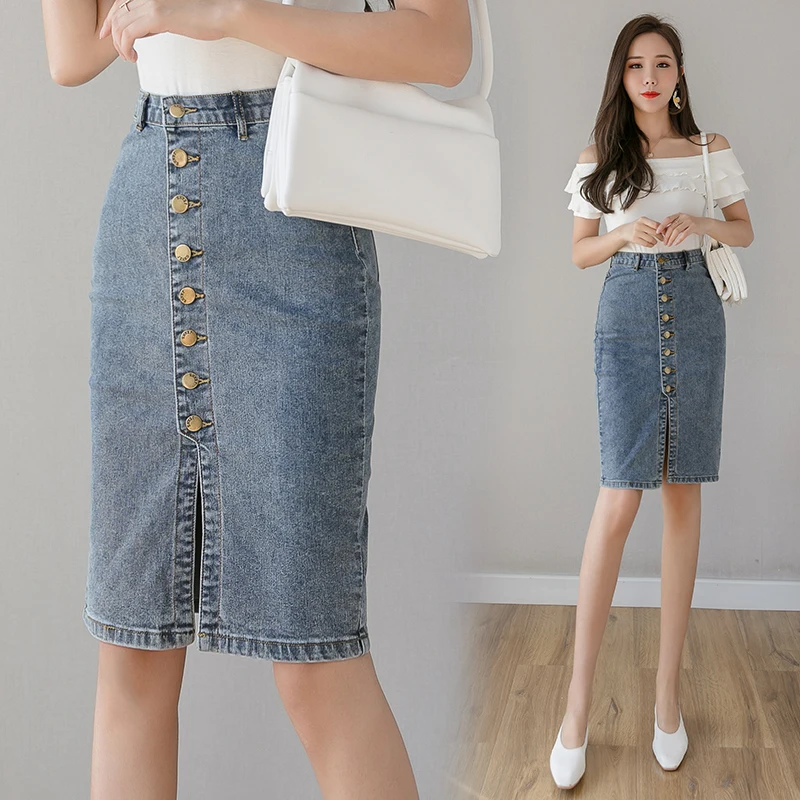 

Spring Summer 2020 New Denim Sheath Wrap Skirts Single-Breasted High Waist Pencil Midi Skirt Front Split Skirts Womens