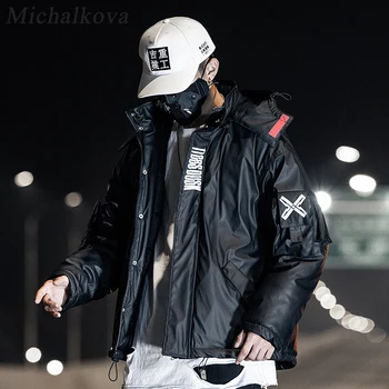 

michalkova PU Leather Hooded Parkas Jacket Techwear Hip Hop Padded Jackets Harajuku Windbreaker Japanese Streetwear Coats