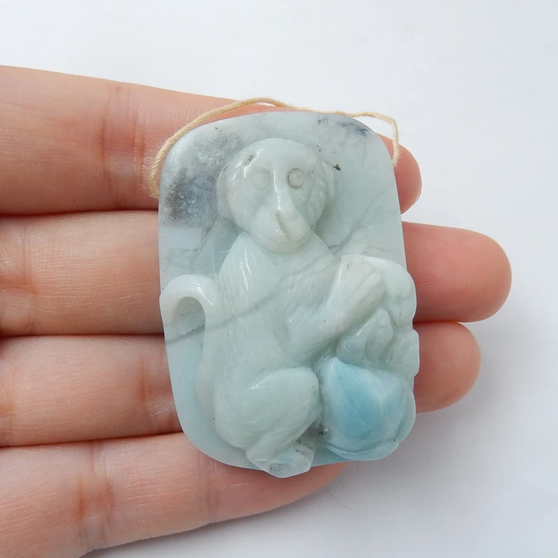 Carving Amazonite Gemstone Monkey Pendant Necklace Bead 46x32x14mm 30.7g Fashion Animal Pendant For Best Gifts Accessories