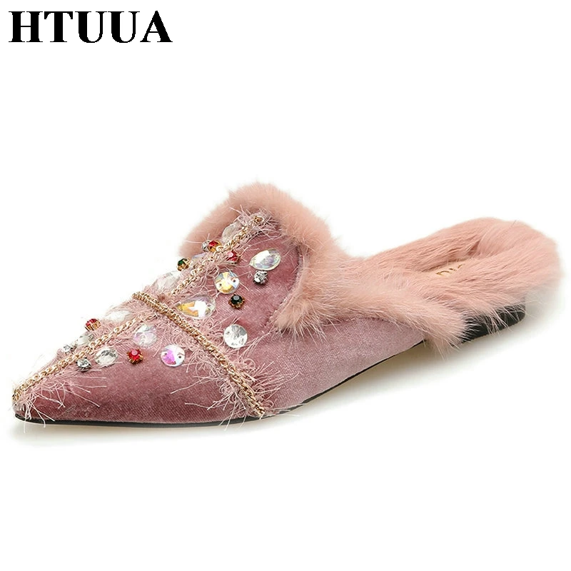 HTUUA стразы; меховые тапочки; женские туфли без задника на плоской подошве; Разноцветные пушистые шлепанцы со стразами; женская обувь с острым носком; сезон осень-зима; SX3590