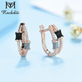 Kuololit 585 Rose Gold Clip Earrings For Women Girl Real 925 Sterling Silver Black Silver Glitter Jewelry for Wedding Party Gift