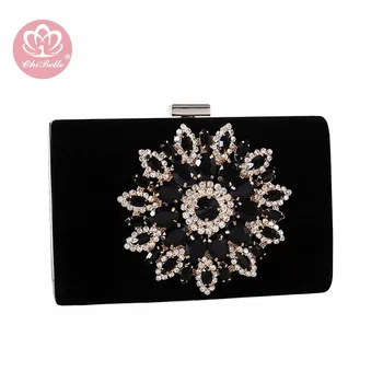

Chi Belle velvet sun flower diamond clutch bag ladies dinner evening party handbag purse elegant wallet handmade high quality