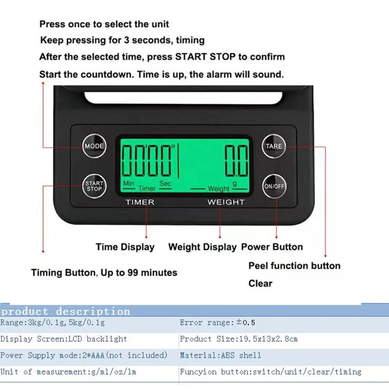 Цена Кг 3 кг 0,1 г принимает массу весом до 5 кг 0,1g цифровой Кофе весы с подсветкой с таймером Высокая точность ЖК дисплей электронные весы инструме...