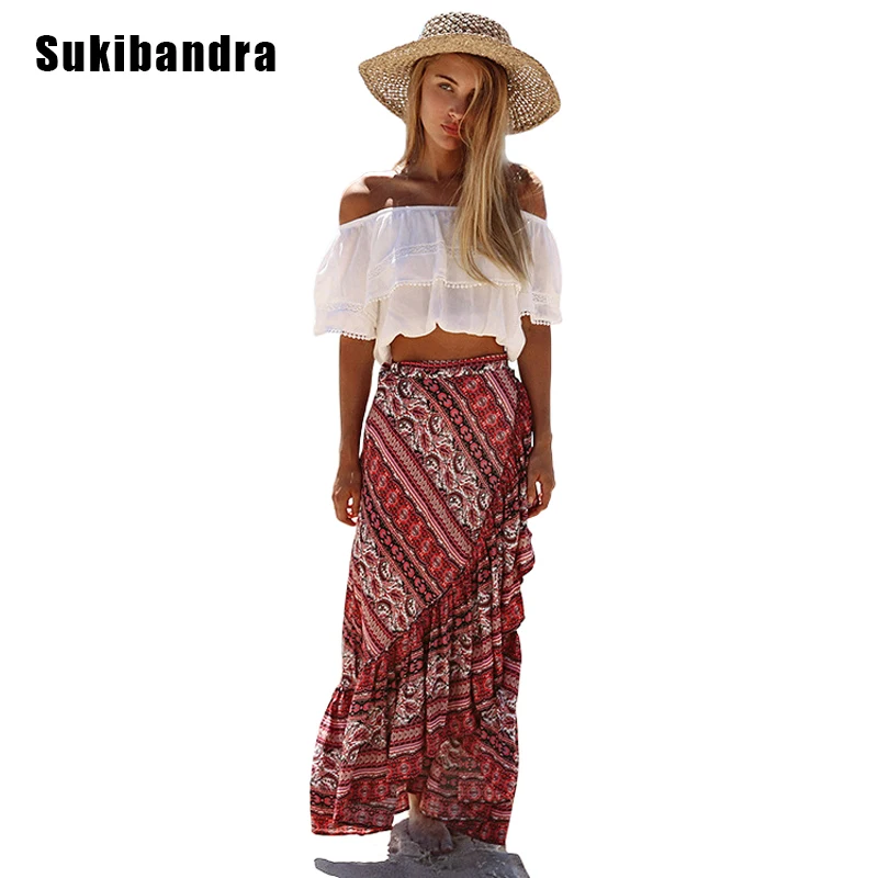 Sukibandra, Цветочная, летняя, бохо, хиппи, длинная, макси, с рюшами, юбка, юбки, женская, винтажная, Пляжная, асимметричная, богемная, с разрезом, Boho