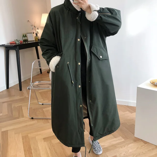 Women Winter Lamb Wool Coat Fur Collar Long-Sleeved Long Section Over The Knee Loose Casual Solid Coat