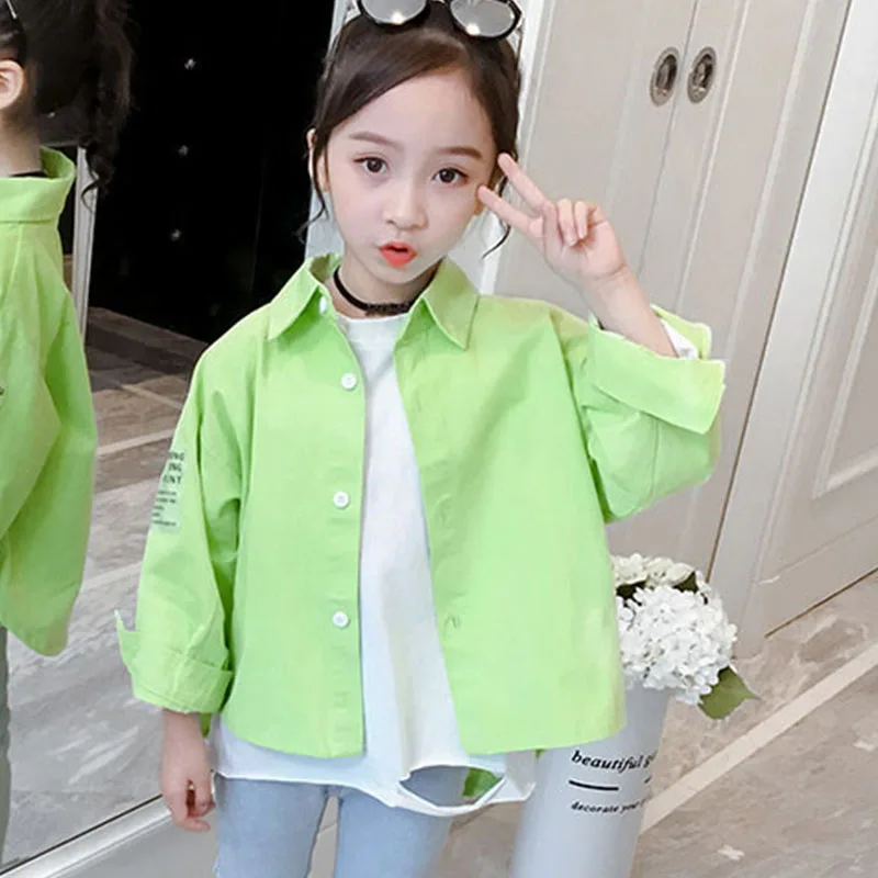 

Light Green Asymmetrical Shirts Blouses Kids Long Sleeve Cotton Single Breasted Tops Clothing Children Fashion 2019 Girls Blouse