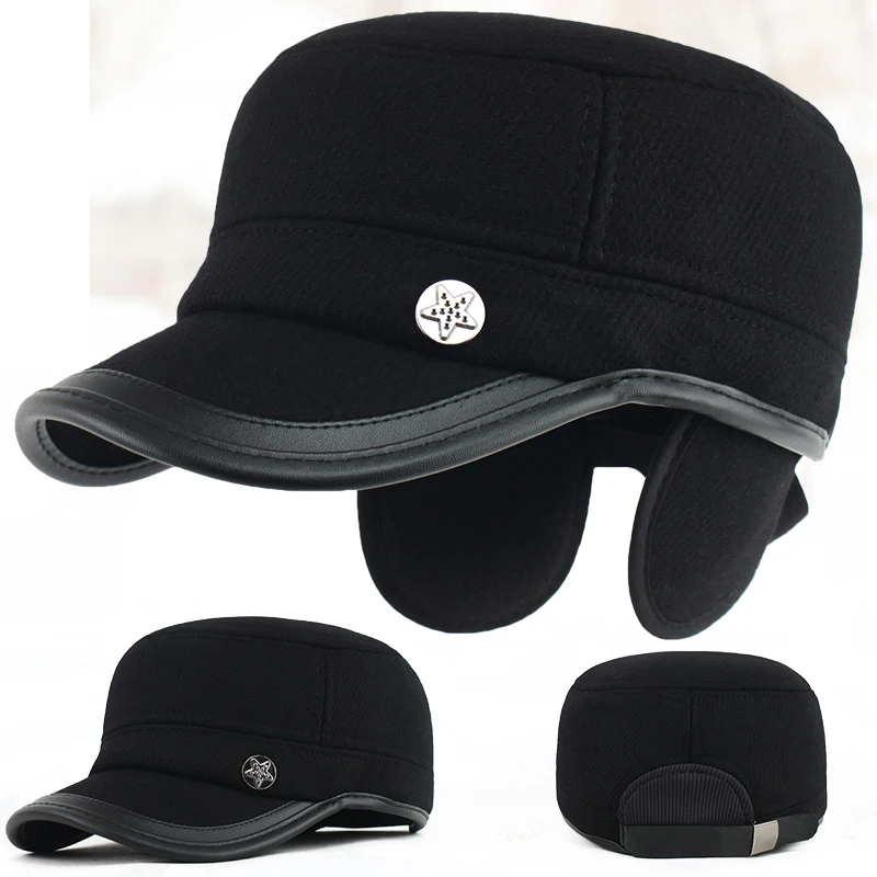 E GBCNYIER Outdoor Winter Windproof Sunhat Short Brim Lock Warm Ear Protection Woolen Men Hat Fashion Dark Color - Цвет: E