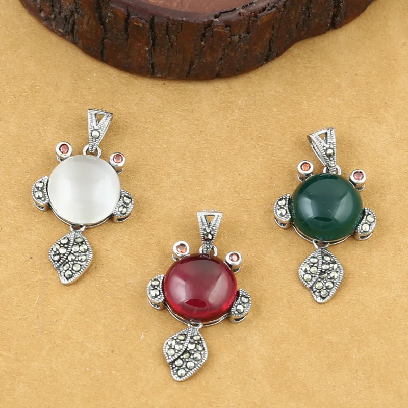 

925 Sterling Silver Jewelry Retro Thai Silver Women Models Marcasite Inlaid Red Corundum Bigeye Goldfish Accessories