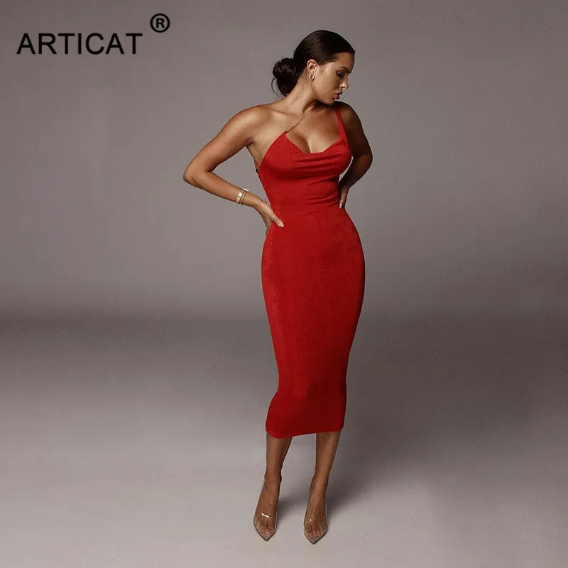 Articat, сексуальное платье с металлическими бретельками, неровное, облегающее платье, женское, с открытой спиной, с низким вырезом, длиной до колена, элегантное платье, Vestidos - Цвет: Красный