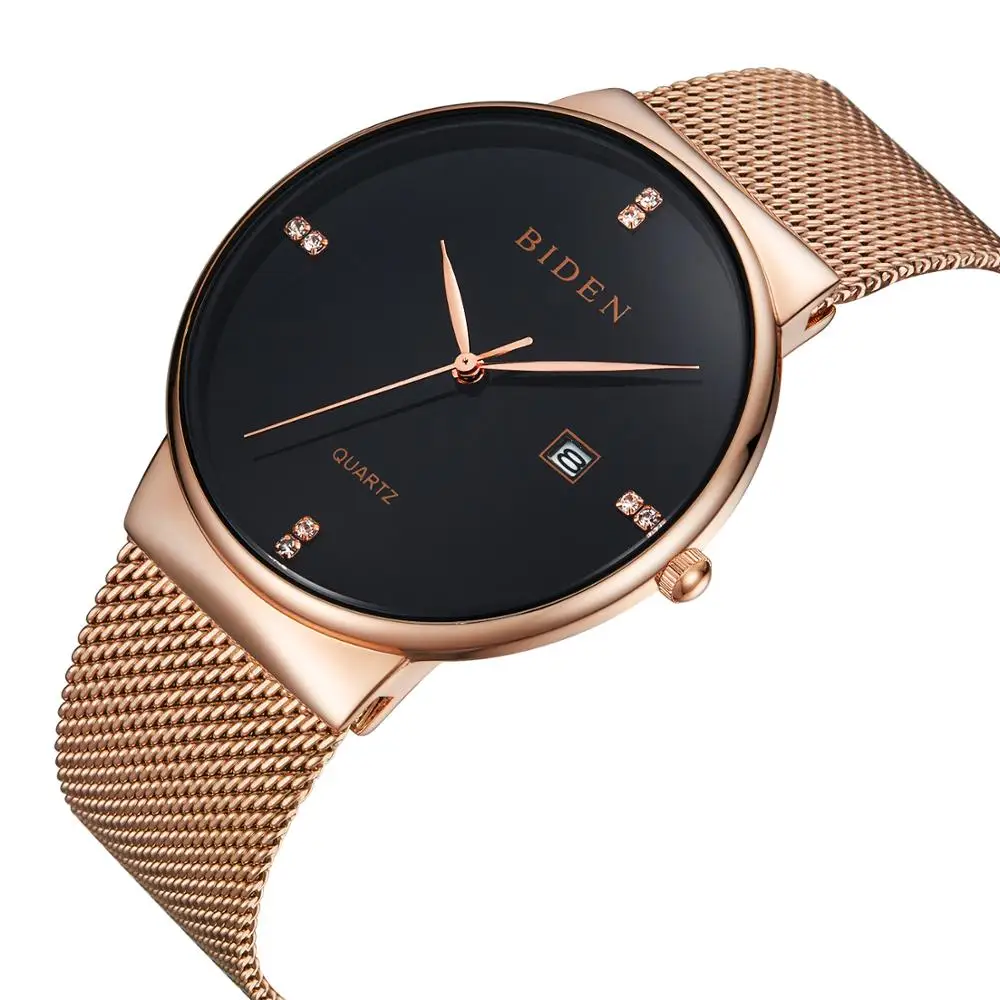 

BIDEN Brand New Male Watch Collection Diamond Casual Wristwatch Date Rose Gold Mesh Stainless Steel Timepiece Mens 2019 Relogios