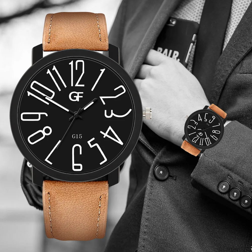 

Men Quartz Watch PU Leather Band Big Numbers Dial Waterproof Wristwatch Gifts TT@88
