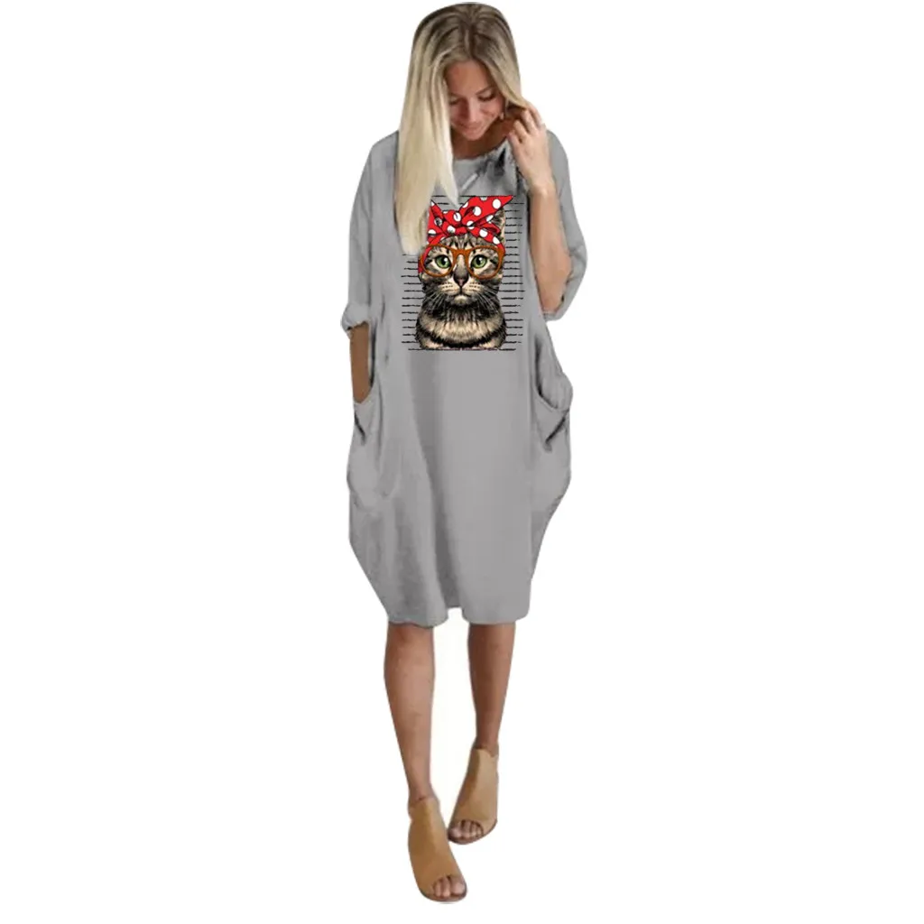 Cat Long Dress Women Plus Size 3XL O-Neck платье Summer Fashion HOT Long Sleeve Printed Short Mini Autumn A-Line Dress Wholesale