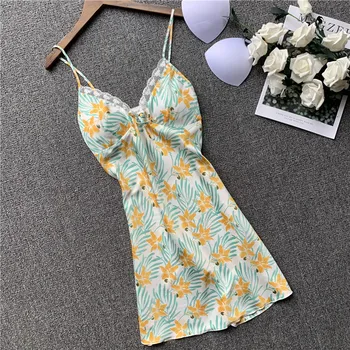 

Foply 2020 Summer V-neck Silk Womens Sleepwear Sexy Sleepshirt Strap Print Ladies Nightgown Shirt Skirt Girl Party Nightdress
