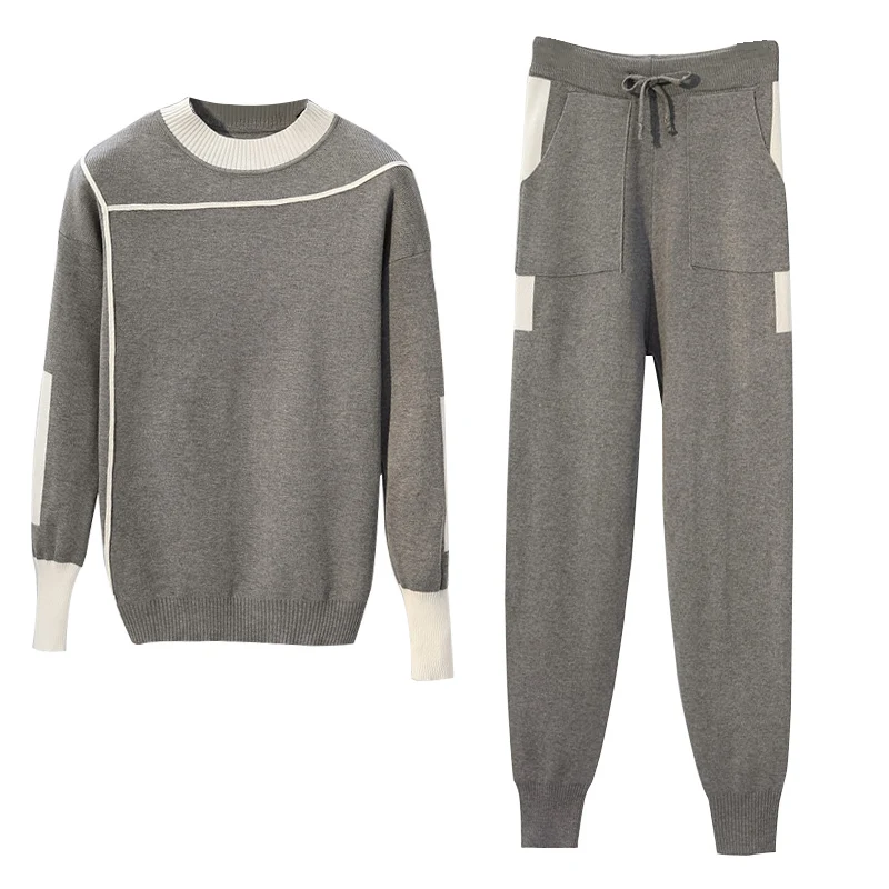 

2019 Spring Plus Size 2 Pieces Set Women Knitted Pullovers Sweater Stripe Knit Jumper Tops & Pants Suits Long Sleeve Tracksuits