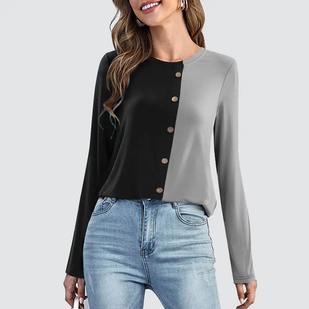 

Women Fashion Casual Long Sleeve O Neck Color Block Single Breasted Loose Tops 1HT061