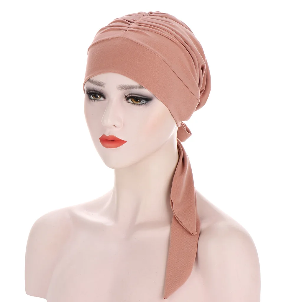 

Muslim Women Stretch Solid Wrinkle Turban Hat Cancer Chemo Beanies Caps Pre-Tied Scarf Headwear Headwrap Plated Hair Accessories