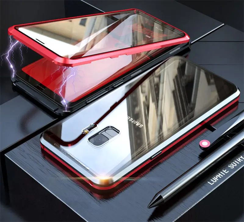 360 Полный корпус Магнитный чехол, чехлы для samsung Galaxy Note 9 8 металлический бампер магнит Броня для samsung Note9 Чехлы 360 Note8 coque - Цвет: Black Red