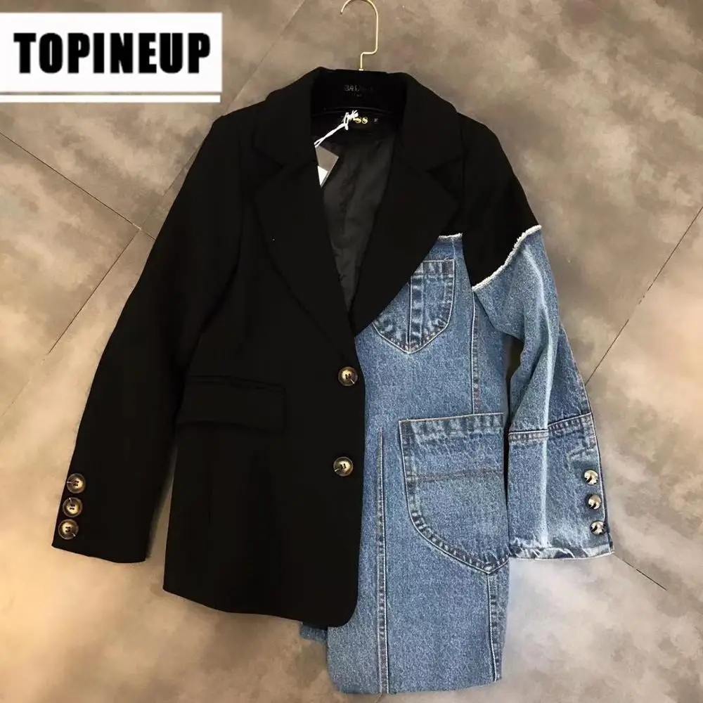 

2020 Womens Fashion Simple Lapel Button irregular splicing denim decoration suit