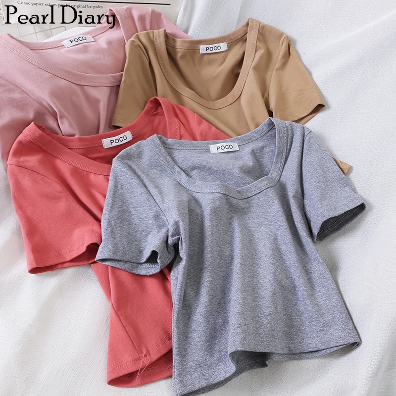 

Pearl Diary Women Knit Tshirts Summer Short Sleeve Simple Tee Round Neck Solid Casual Crop Top Tshirt Streetwear Women 2020