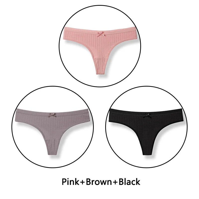 Pink Brown Black 3 шт./партия, хлопковые стринги, женские сексуальные трусики с низкой посадкой, однотонные мягкие стринги Бесшовные нижнее белье, женское нижнее белье с бантиками, Новинка - Цвет: Pink Brown Black