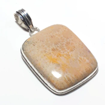 

Fossil Coral Pendant Silver Overlay over Copper Jewelry Woman gift , 54 mm, P7963