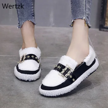 

2019 Winter Women Flats Buckle Slip on Shoes Plush Warm Loafers White Black Designer Shoes zapatos mujer Fur ladies shoes A825